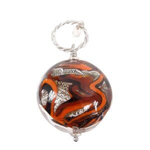 RL Italy 1in Round Orange Brown Silver Black Glass Pendant